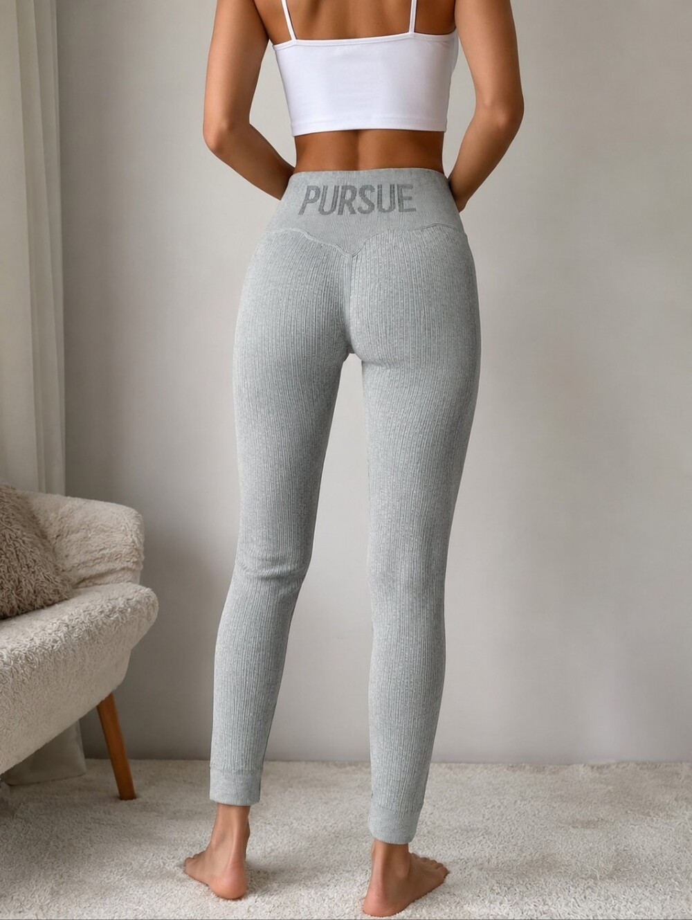 Pursue Fitness Ribbed High Waisted Leggings Gray Athleisure Yoga Activewear
